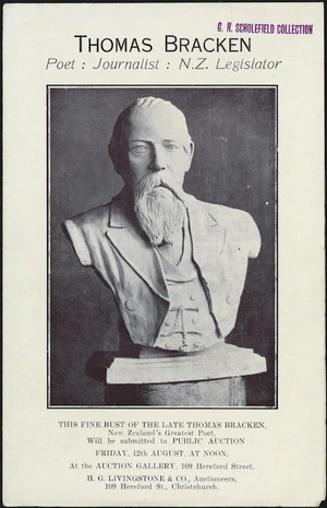 Cover of booklet detailing the auction of a bust of Thomas Bracken