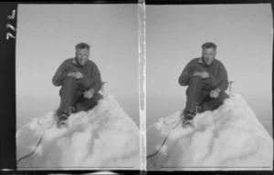 Mount Aspiring trip, Edgar Richard Williams on top of Mount Aspiring with ice axe and crampons, Central Otago Region