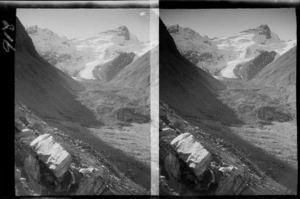 Scree slope with snow covered mountains beyond, unknown location