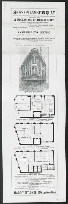 Harcourt & Co. :[Plan of] Shops on Lambton Quay. Further city development, conversion of valuable ground floor office space into 3 modern and up-to-date shops. [1920s?]