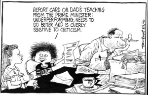 "Report card on Dad's teaching from the Prime Minister; Underperforming, needs to do better and is overly sensitive to criticism" 5 February 2010