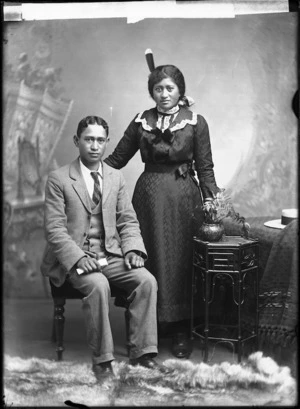 Portrait of young Maori man and woman from Takarangi family, Wanganui region