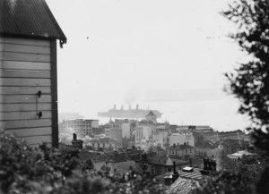 Overlooking Wellington City, and harbour, with the troopship Aquitania visible