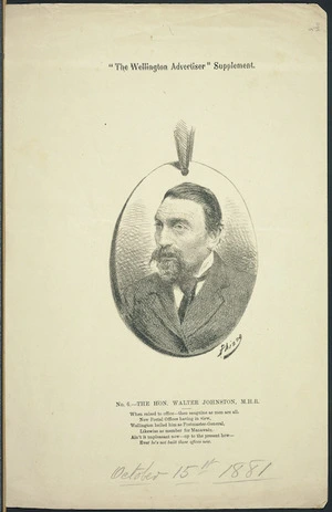 [Hutchison, William] 1820-1905 :The Hon Walter Johnston, M H R No. 6. The Wellington Advertiser supplement. [Wellington, 1881] [Signed] Phizog.