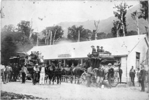 Horse drawn coaches outside J Jackson's Perry Range Hotel, Jacksons, Westland