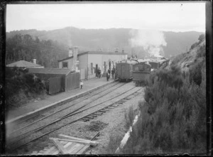 Trains crossing at Kaitoke Station. Class Wb locomotives, 1901