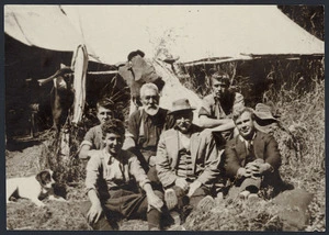 Group portrait with workman who built track to Alpha and erected Tauherenikau top hut, Tararua Ranges