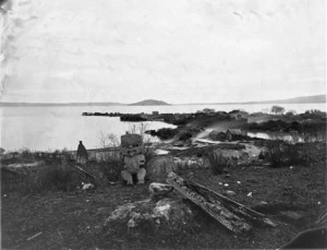 Overlooking the village of Ohinemutu, Maori carvings in the foreground