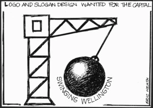 Heath, Eric Walmsley, 1923- :Logo and slogan design wanted for the capital. Swinging Wellington. 1985
