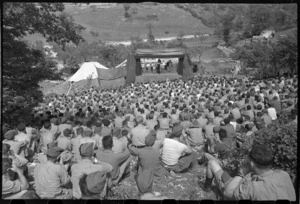 World War 2 New Zealand troops watching the Kiwi Concert Party's first concert in Italy, Volturno Valley, Italy