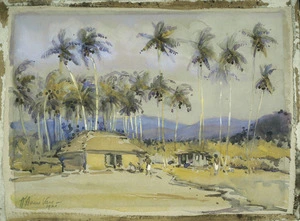 Vane, Kathleen Airini, 1891-1965 :[Samoan huts among the palm trees]. 1921.