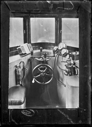 Driver's compartment of the Thomas transmission rail motor car, 1916