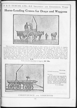 P & D Duncan Ltd :Horse-loading cranes for drays and waggons.[1 April 1928. Photocopy reprint, ca 1993]