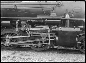 View of the valve gears, axle and wheels on the C class 2-6-2 steam locomotive, New Zealand Railways no 851, after construction at Hutt Railway Workshops, Woburn.