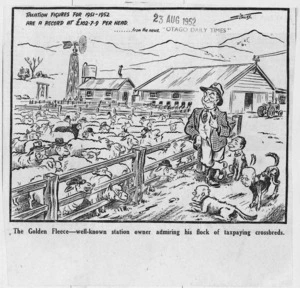 Scales, Sydney Ernest, 1916-2003 :The golden fleece - well-known station owner admiring his flock of taxpaying crossbreeds. Taxation figures for 1951-1952 are a record at £102 7/9 d per head. 23 August 1952.