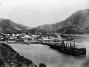 Overlooking Picton township, showing the ships Edwin Fox and Maori