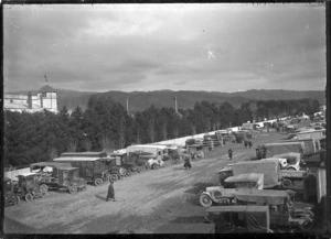 Motor cars and charabancs parked at Trentham Racecourse in 1919.