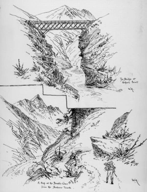 Hodgkins, William Mathew 1833-1898 :The bridge at Arthur's point; A peep at the double cone from the Shotover track. [1880s?] W H