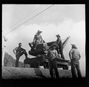 Soldiers by crane mounted on a railway bogie, Raoul Island, Kermadec Islands