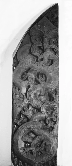Epa, or Maori carved wooden slab from the back or front walls of a storehouse, held in the Taranaki Museum
