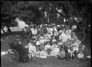 Picnic group, possibly a wedding party, at Belmont, 1909.