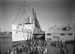 Ship Empress of Britain moored at Pipitea Wharf, Wellington