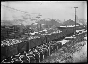 View of railway wagons filled with coal, at the Hillside Railway Workshops, Dunedin.