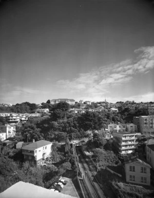 Overlooking Kelburn, Wellington, including the cable car line, Clifton Terrace, and Weir House