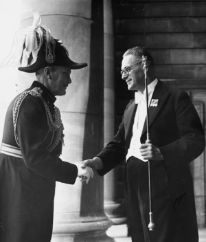 Governor General Freyberg and the Gentleman Usher of the Black Rod, Parliament Buildings, Wellington