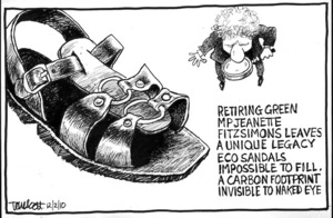 Retiring Green MP Jeanette Fitzsimons leave a unique legacy Eco sandals impossible to fill. A carbon footprint invisible to naked eye. 12 February 2010