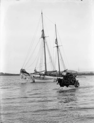 Scow Kaiaia, and horse drawn cart carrying logs