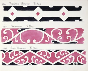 Godber, Albert Percy, 1876-1949 :[Drawings of Maori rafter patterns]. 196. Tuhourangi Rangiuru, Te Puke; 197. Tuhourangi Te Puke; Porch, Rangiuru, Te Puke. [1945-1947].