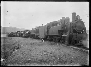 Row of locomotives outside the Hutt Railway Workshops, Woburn