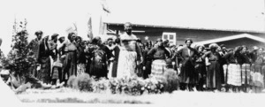 Robson, Edward Thomas, fl 1920s-1940s? : Ngati Porou group, including Apirana Ngata, at the opening of Mahina-a-rangi meeting house, Turangawaewae Marae, Ngaruawhahia