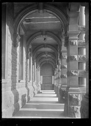 View under arches of an outside passageway at the Dunedin Railway Station.