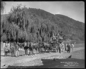 Cobb & Co coach with a parliamentary party on board, Pelorus Valley