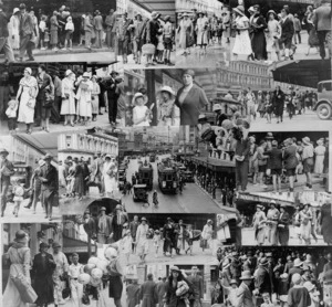 Montage of photographs depicting 1932 Christmas shopping crowds in Wellington