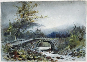 Hodgkins, Isabel Jane, 1867-1950 :Art Club Sketch. [Stone bridge, mountains] 1887.