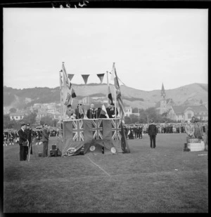 Bishop of Wellington, Herbert St Barbe Holland, speaking at V-E day celebrations, Basin Reserve, Wellington, New Zealand