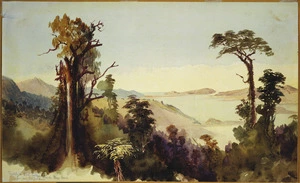 [Hodgkins, William Mathew] 1833-1898 :Sketch in bush looking towards Otago heads from over Port Chalmers [188-?]