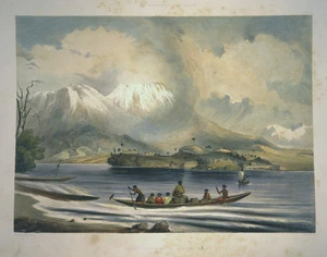 Angas, George French, 1822-1886 :Volcano of Tongariro with Motupoi Pah. From Roto-Aire Lake. Plate 8 / George French Angas. J W Giles lithog. 1846.
