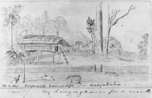 Taylor, Richard, 1805-1873 :Mangakahia; kainga no pipi Kairapanga. View of my lodging house for a week. Apr. 4, 1842.