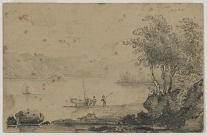 Heaphy, Charles 1820-1881 :[Lakeside scene with tree-clad rocky outcrop and two men with small boat. 1850s?]