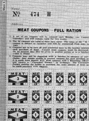 Page of meat coupons from a World War II ration book