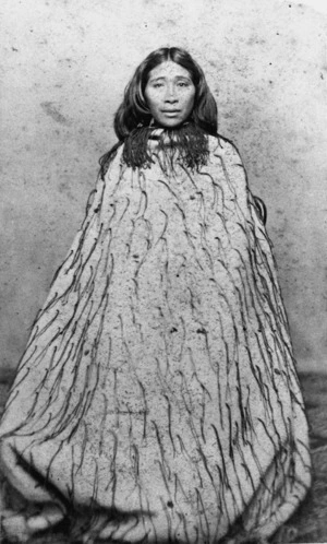 Maori woman, possibly Hone Werera, wearing a tag cloak