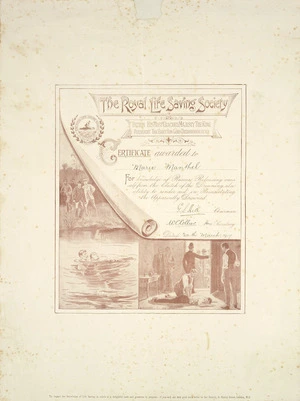 Royal Life Saving Society [London] :Certificate awarded to [Marie Manthel] for knowledge of rescue breathing, releasing one's self from the clutch of the drowning, also ability to render aid in resuscitating the apparently drowned. [G S Hill] Chairman; [W C Collier] Hon Secretary