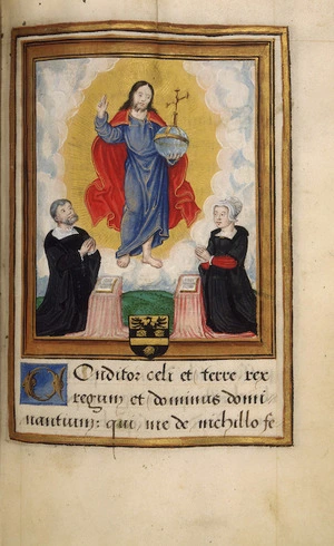 Man and woman at prayer before a vision of the risen Christ