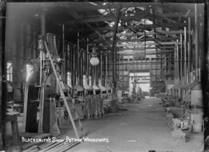 Petone Railway Workshops. Interior view of the Blacksmith's Shop, ca 1903