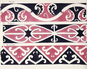 Godber, Albert Percy, 1876-1949 :[Designs for rafter patterns]. 117. Putiki; 118. Rotoiti; 119. Ruatoria. [1940-1942].