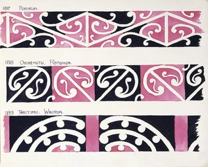 Godber, Albert Percy, 1876-1949 :[Drawings of Maori rafter patterns]. 187. Porirua; 188. Ohinemutu. Rotorua; 189. Takitimu. Wairoa. [1945].